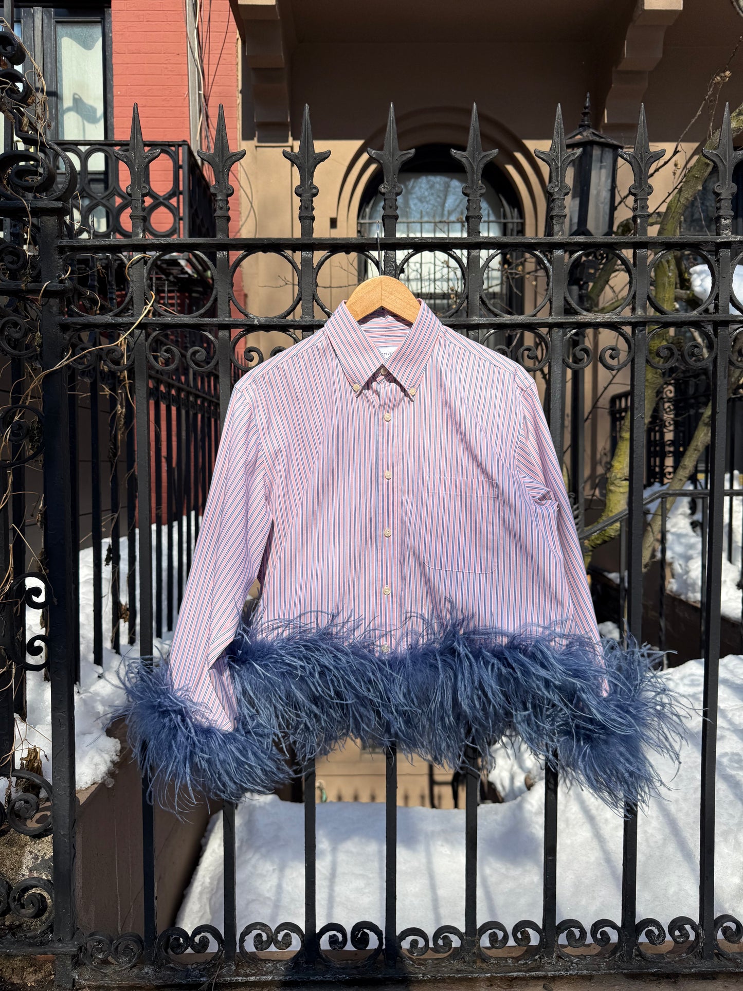 The Colette Feather Shirt - Pink & Blue Stripe and denim