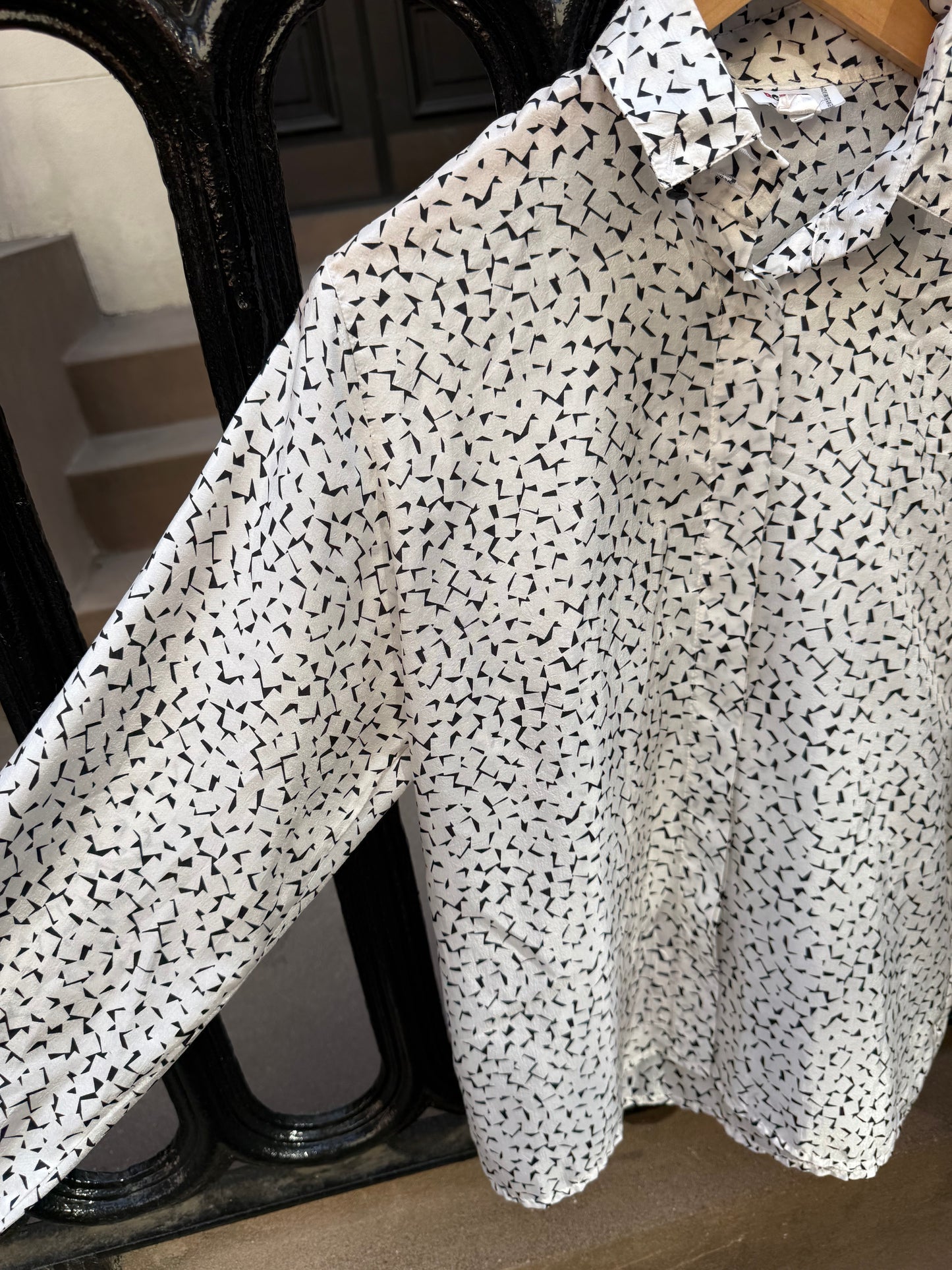 70s Rodier Black & White Print Silky Blouse