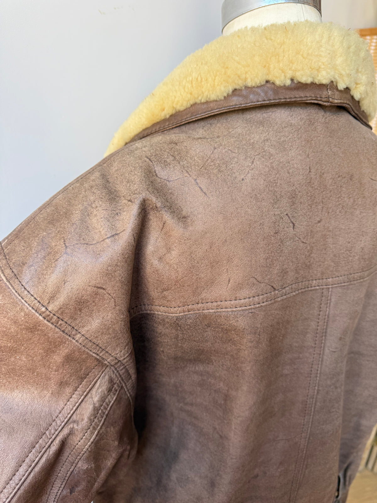 80s Distressed Leather Aviator Bomber Jacket