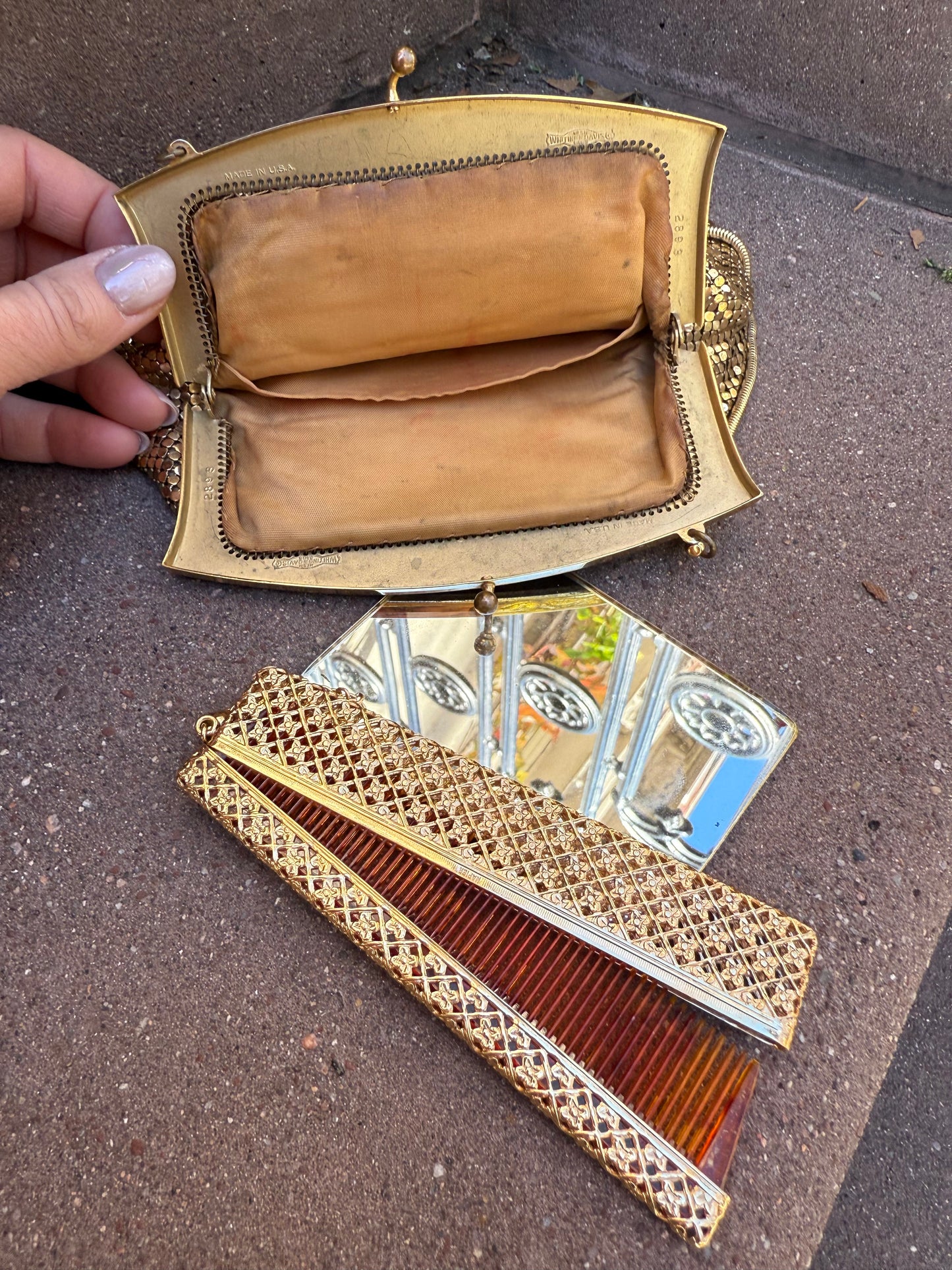 Gold Whiting & Davis Chainmail Bag with mirror