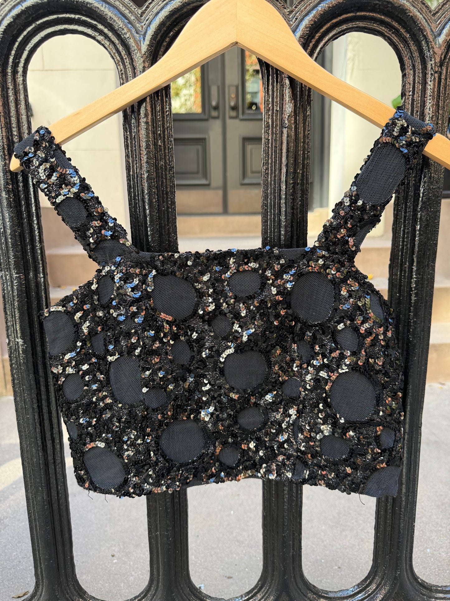 French Antique Black Sequin Crop Top