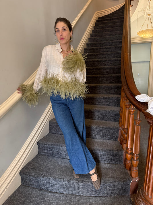 The Colette Feather Shirt - Ivory & Sage