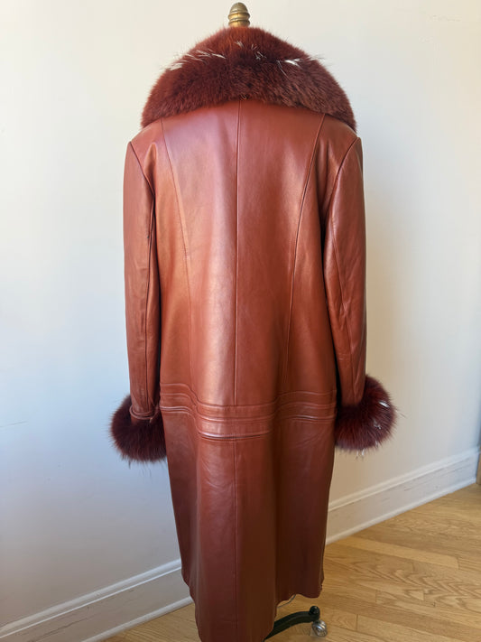 90s/Y2K Leather Trench with Dyed Fox Fur Collar & Cuffs