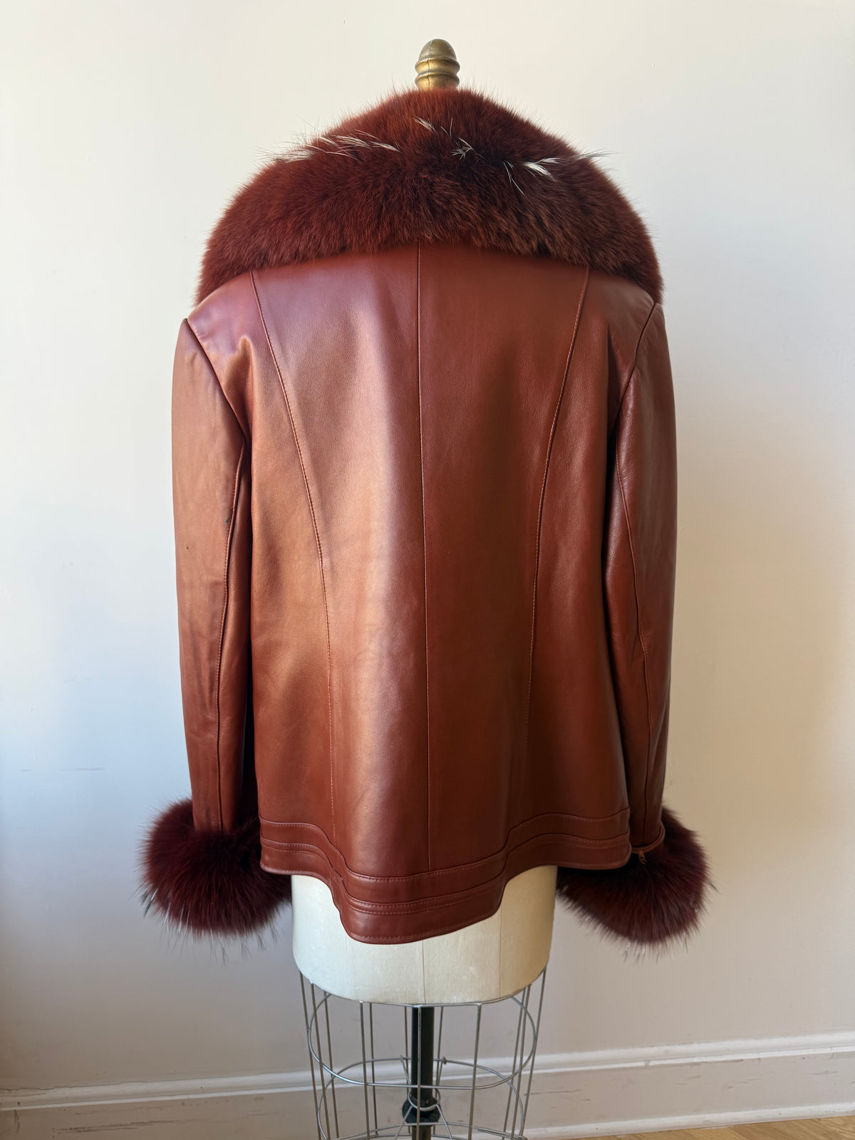 90s/Y2K Leather Trench with Dyed Fox Fur Collar & Cuffs