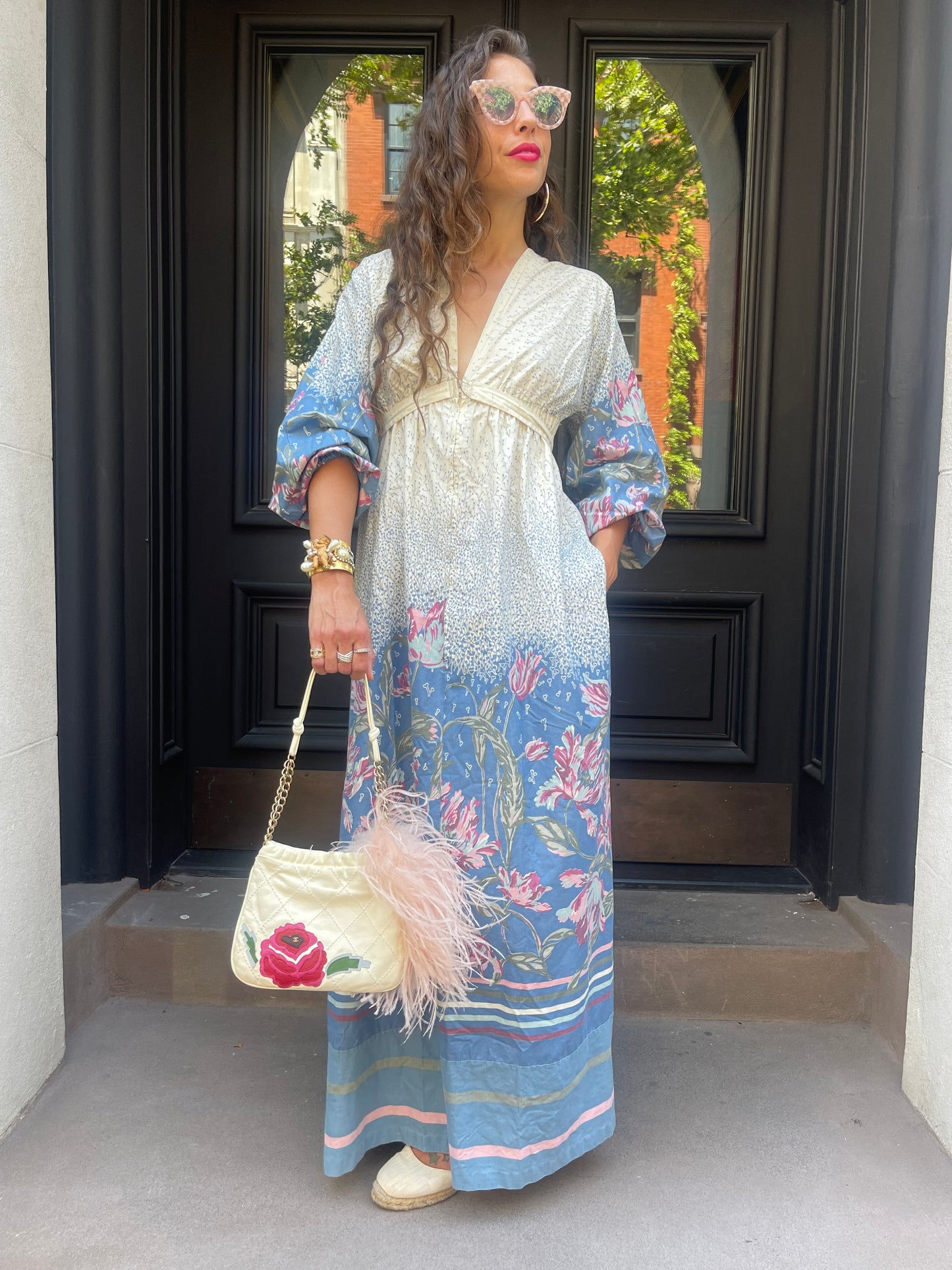 70s Blue, White & Pink Floral Maxi, Medium