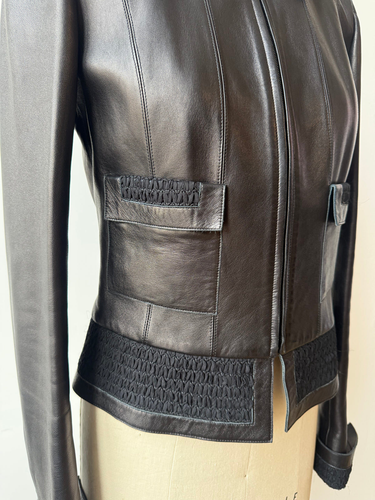 2004 Chanel Leather Jacket w Zipper & Silk Trim