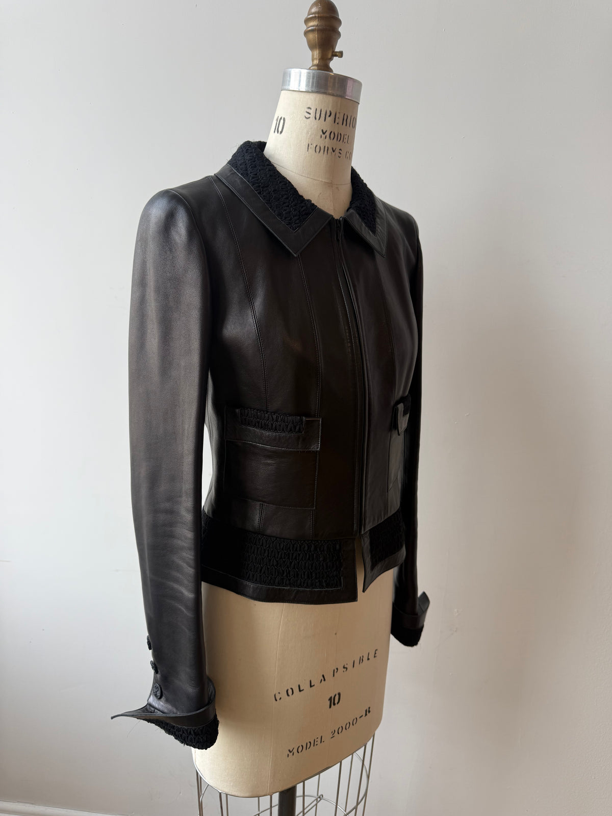 2004 Chanel Leather Jacket w Zipper & Silk Trim
