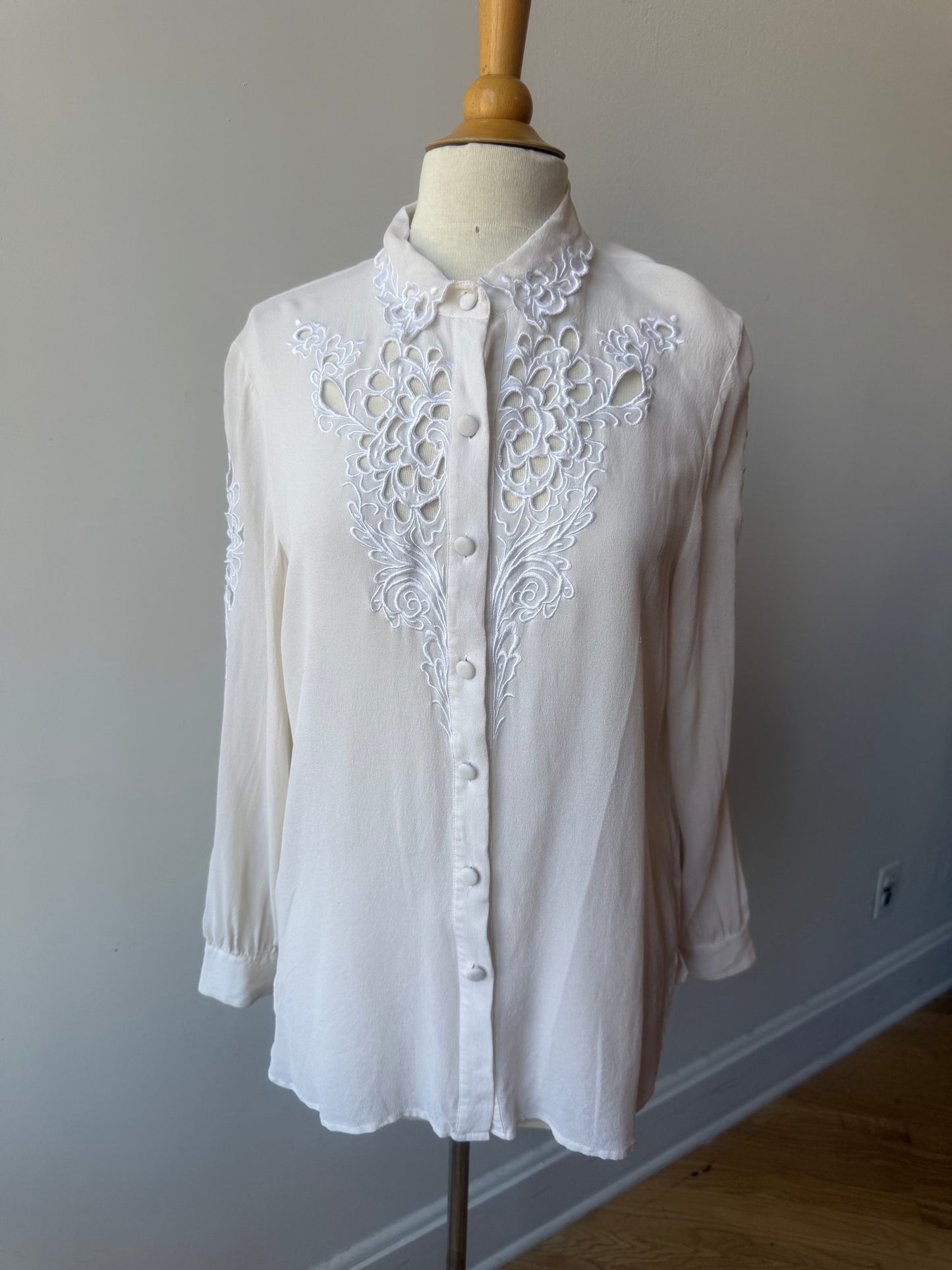 90s Bob Mackie White Silk Cutaway & Embroidered Blouse