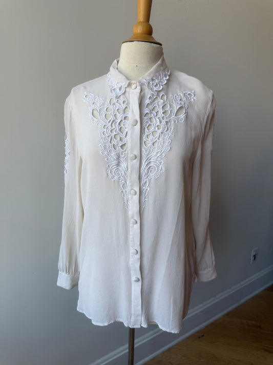 90s Bob Mackie White Silk Cutaway & Embroidered Blouse