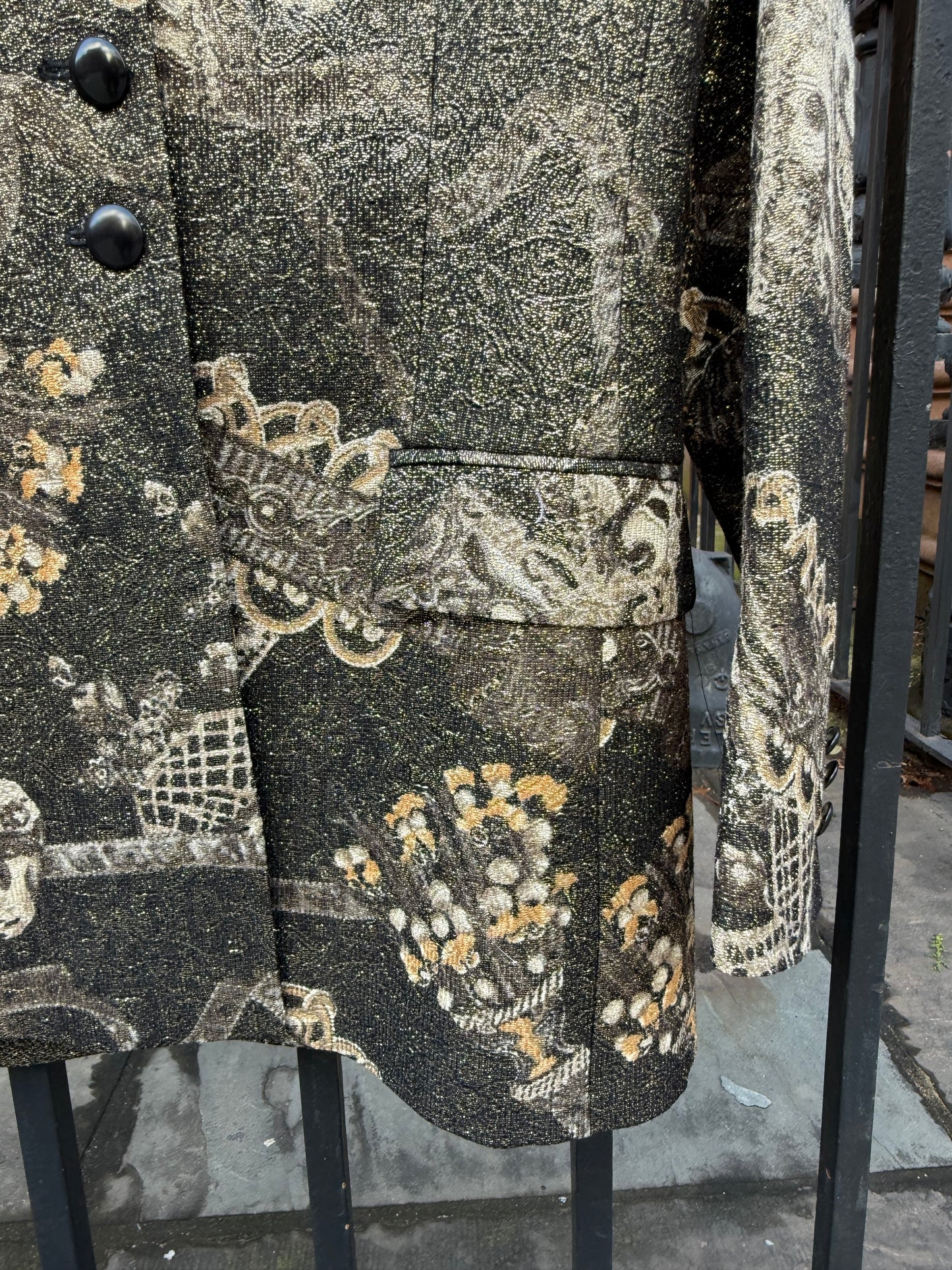 90s Louis Feraud Metallic Evening Blazer - Black & Gold Baroque Print