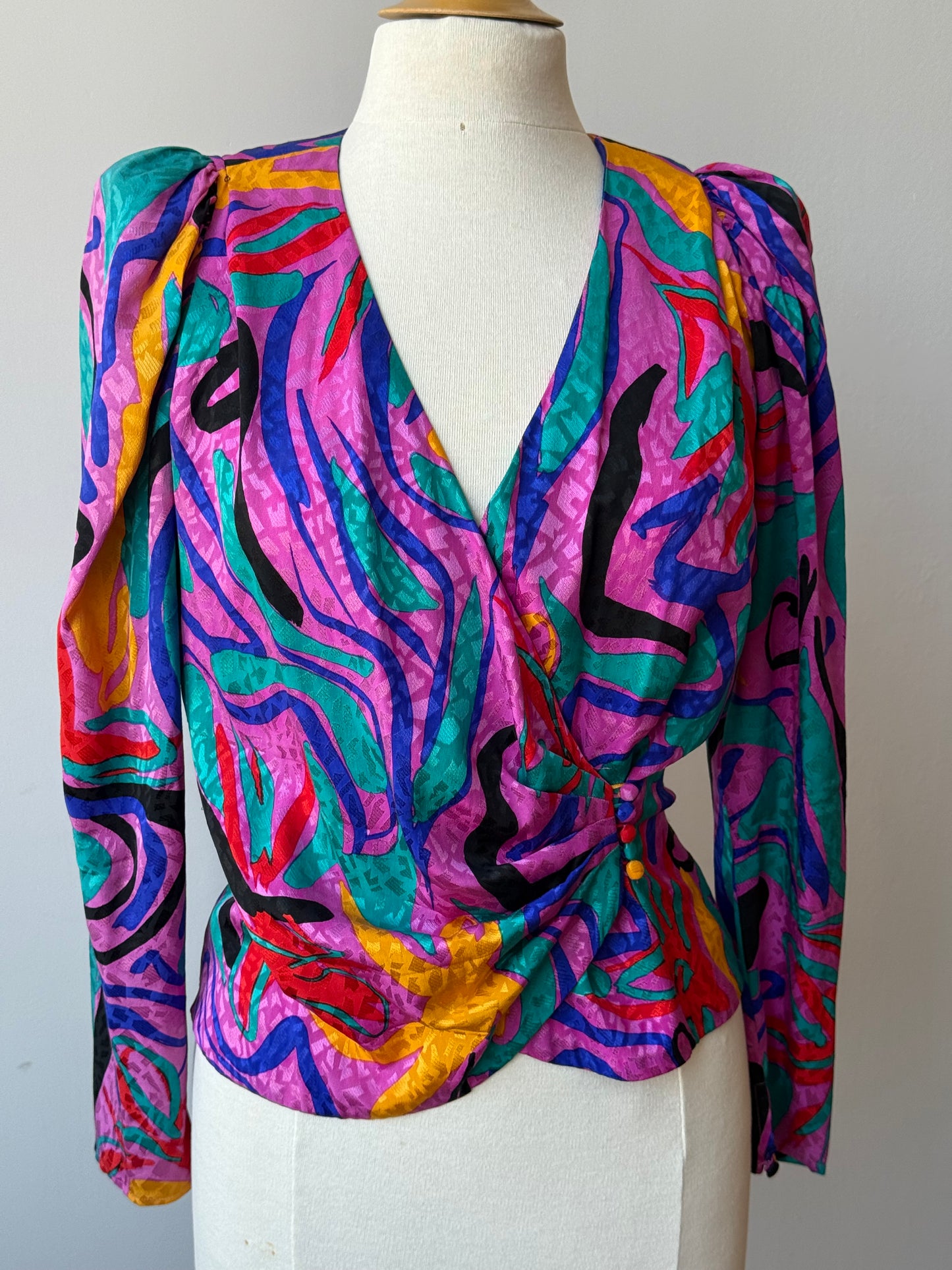80s Flora Kung Multicolor Silk Blouse