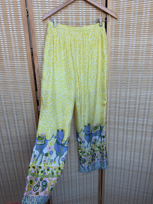 70s Yellow Silk Novelty Print Wide Leg Pant