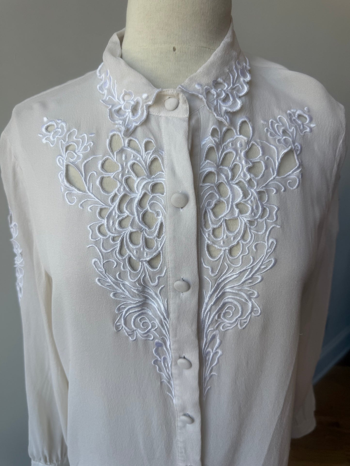 90s Bob Mackie White Silk Cutaway & Embroidered Blouse