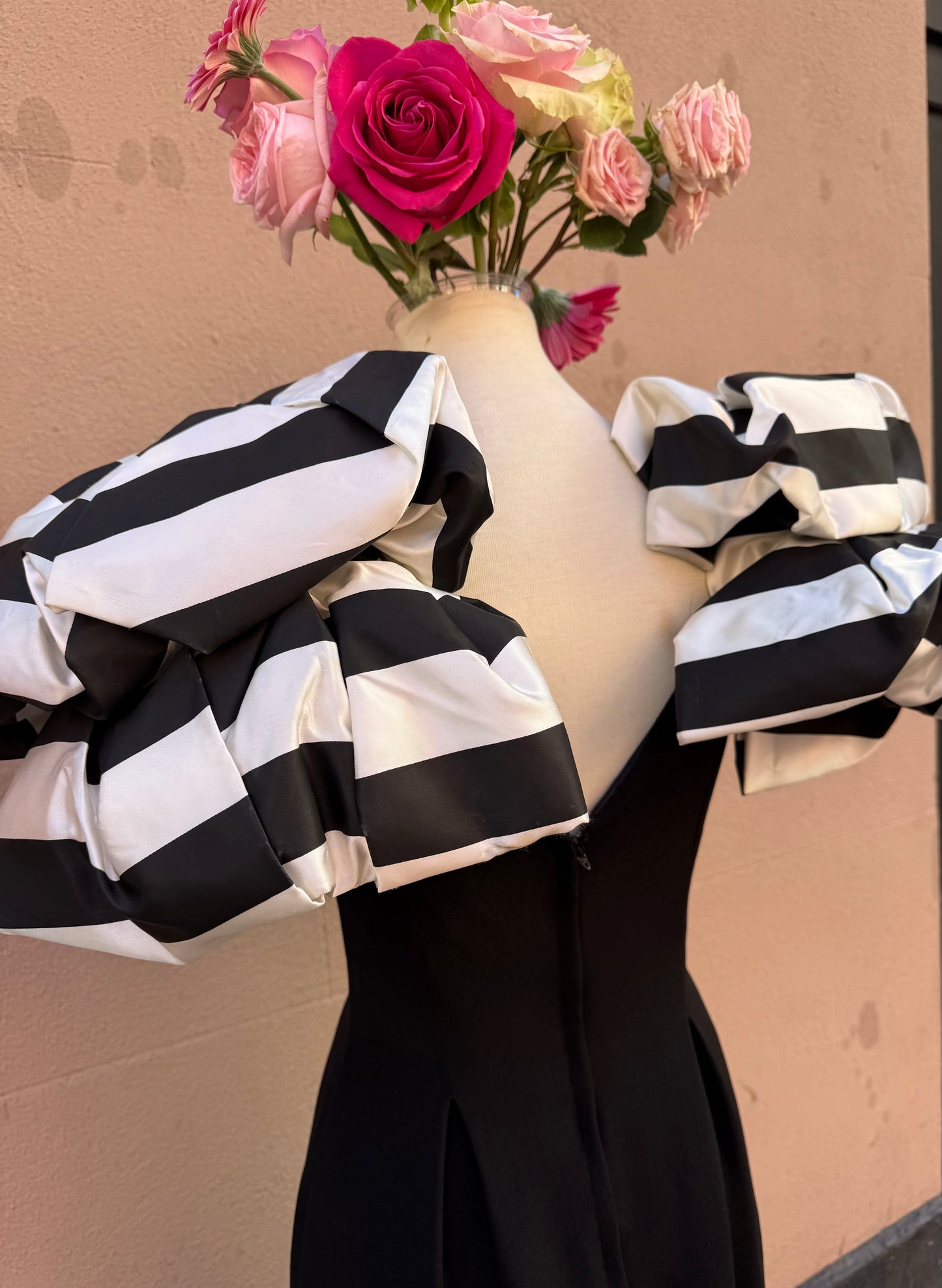 80s RARE Victor Costa black striped bow shoulder gown