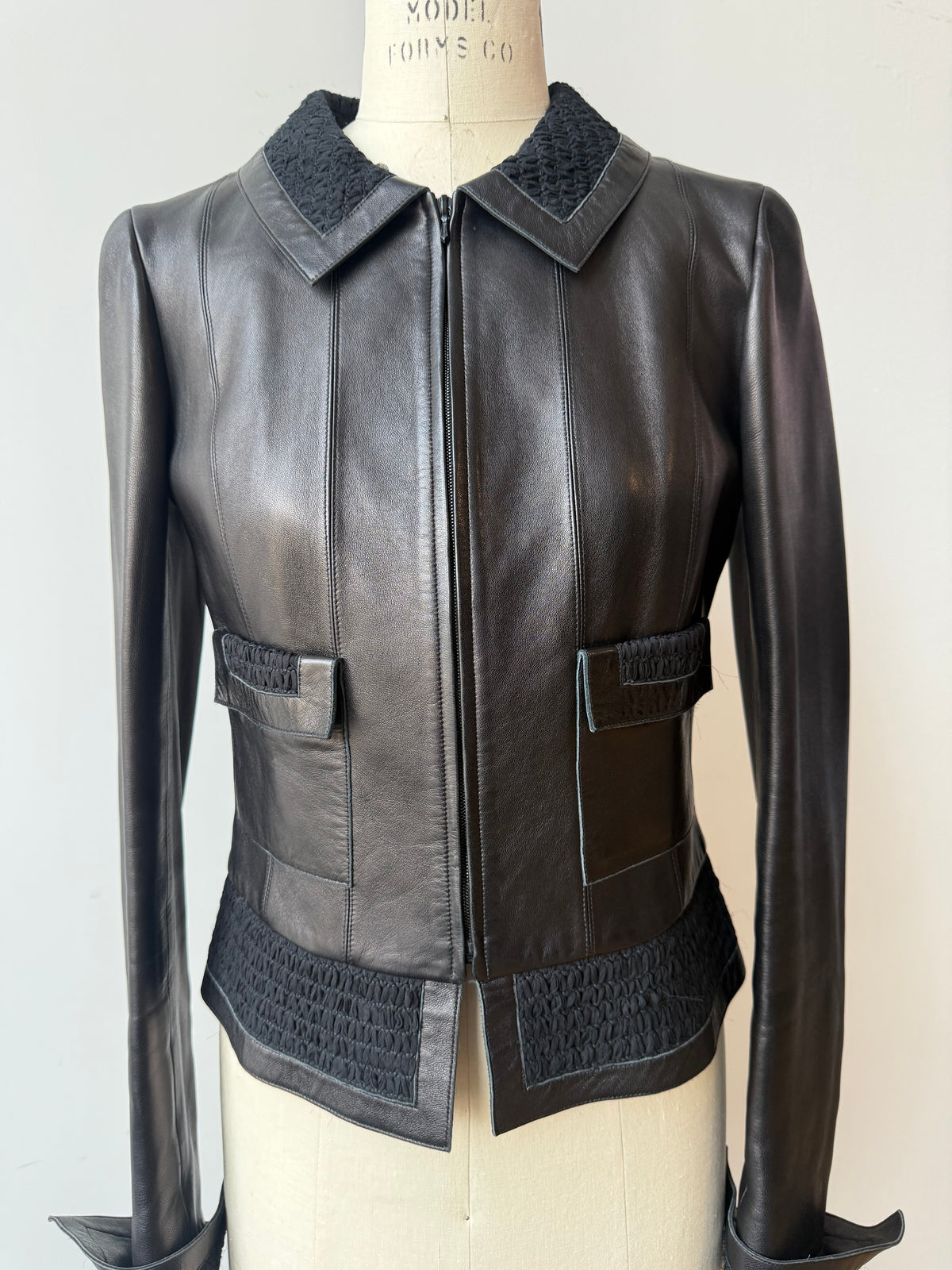 2004 Chanel Leather Jacket w Zipper & Silk Trim