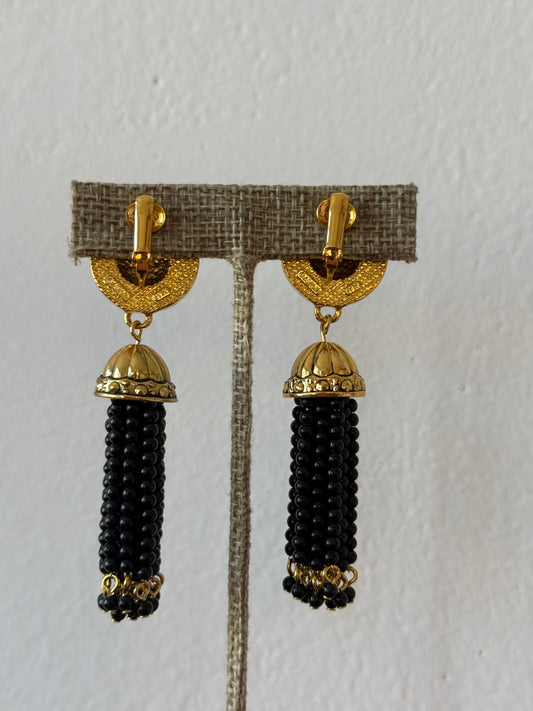 Vintage Avon Gold-Tone Black Beaded Tassel Earrings