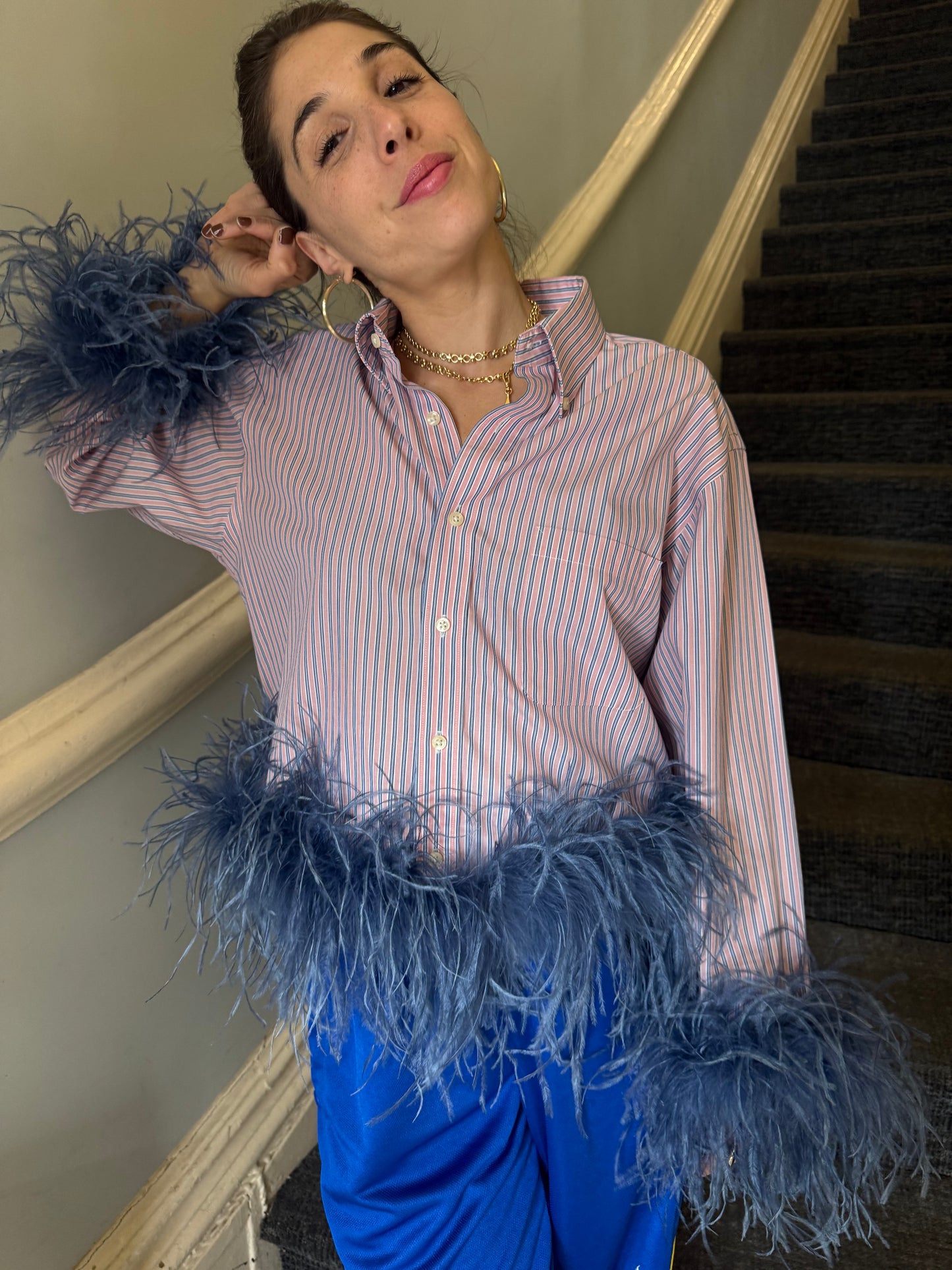 The Colette Feather Shirt - Pink & Blue Stripe and denim