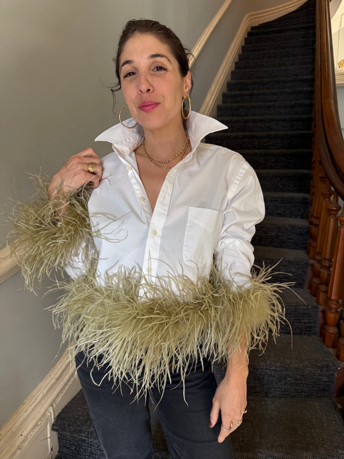 The Colette Feather Shirt - white & sage