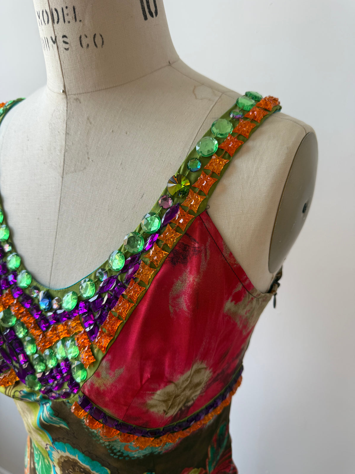 Y2K Etro Silk Floral Dress w Gemstone Neckline