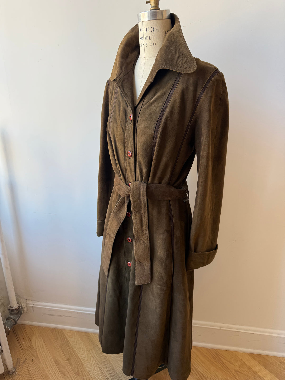 70s Brown Suede Trench w. knit details & belt