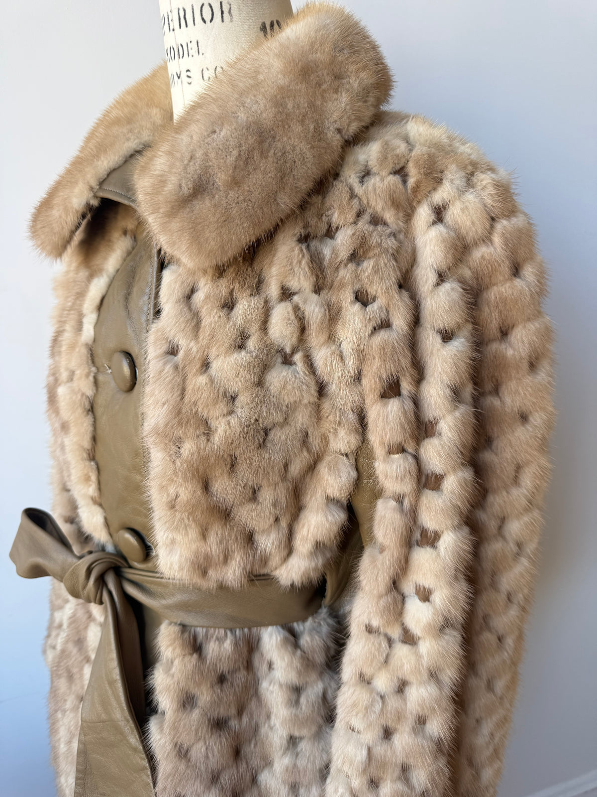70s Beige Mink & Leather Coat . Belt