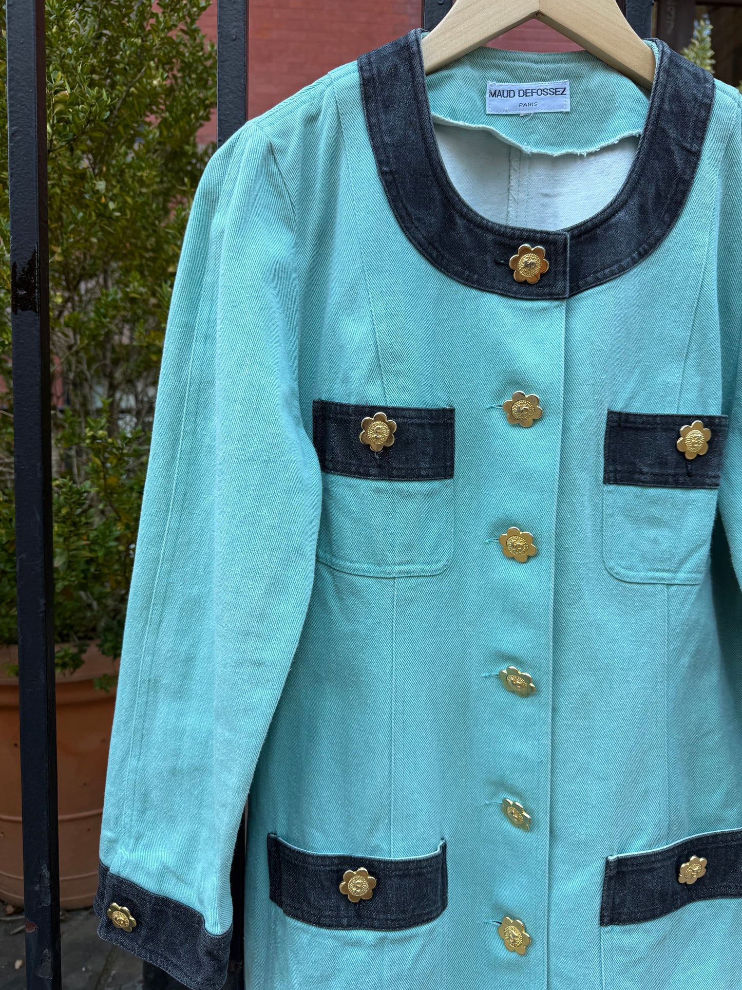 90s Maud Defossez turquoise denim jacket gold flower buttons