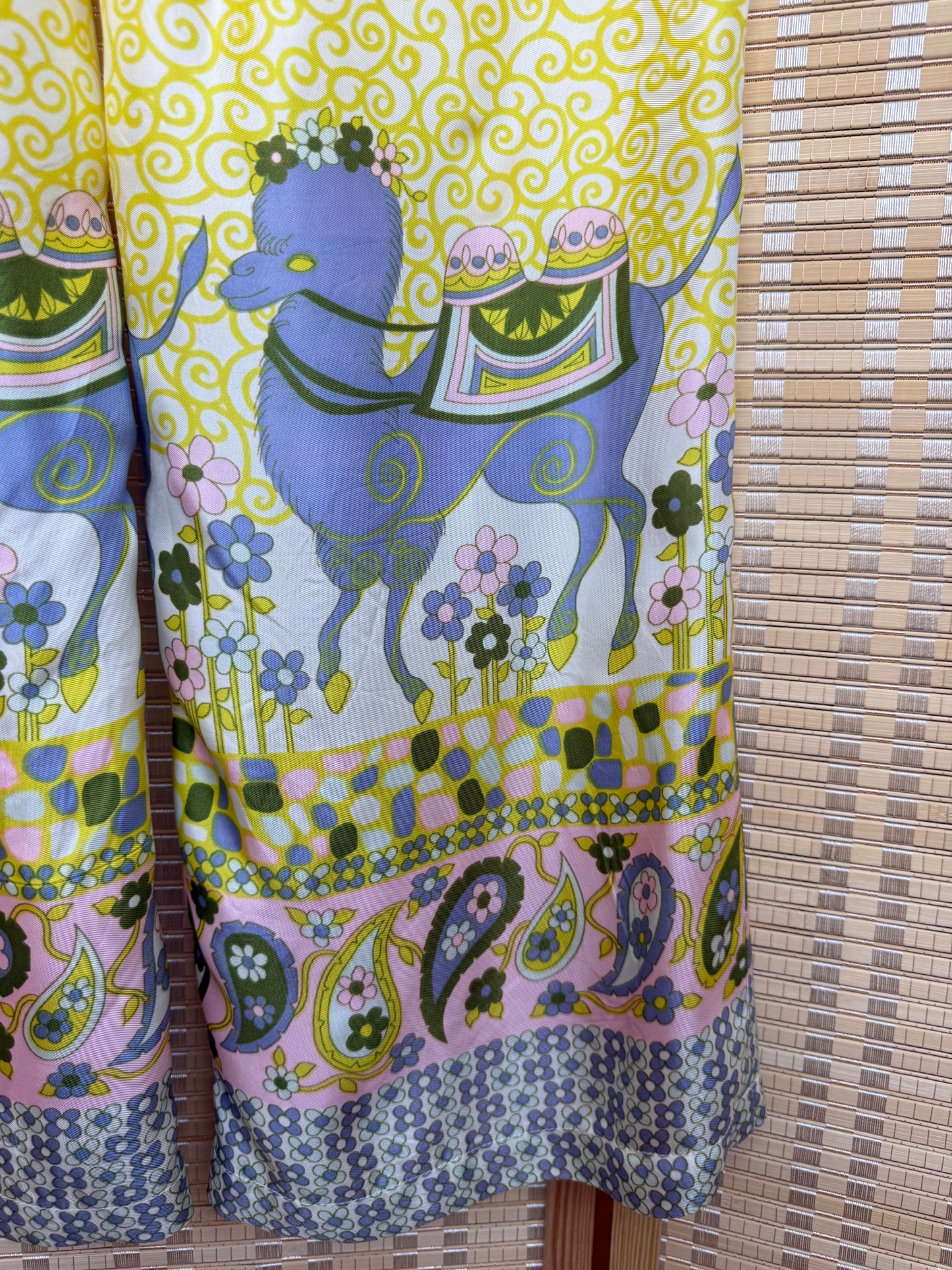 70s Yellow Silk Novelty Print Wide Leg Pant