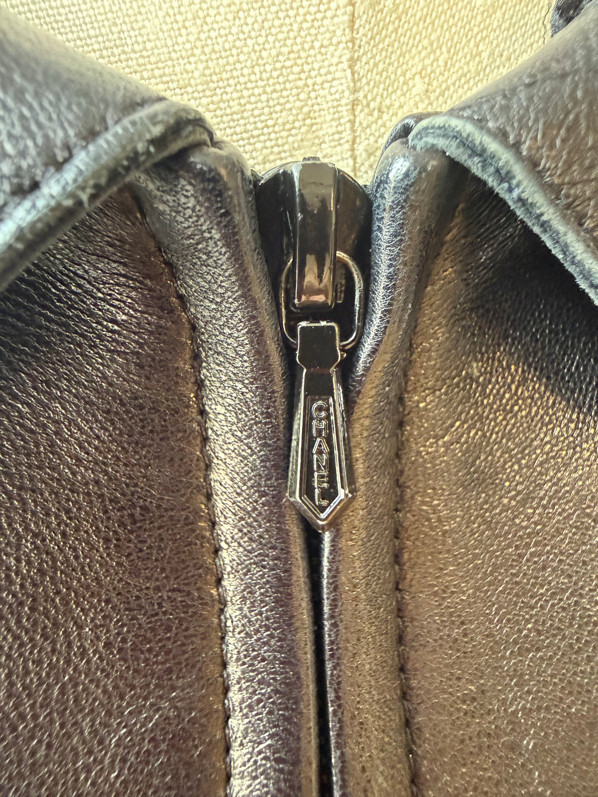 2004 Chanel Leather Jacket w Zipper & Silk Trim