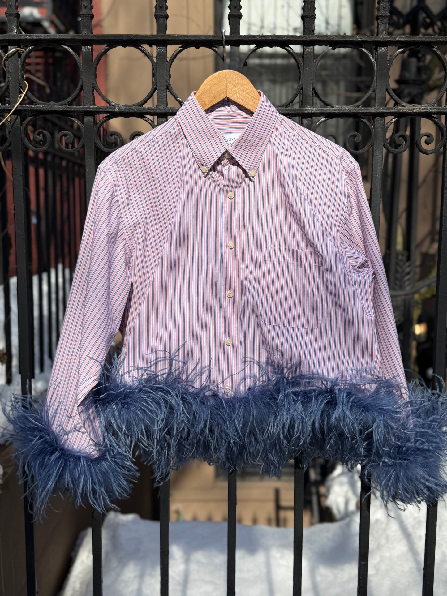 The Colette Feather Shirt - Pink & Blue Stripe and denim