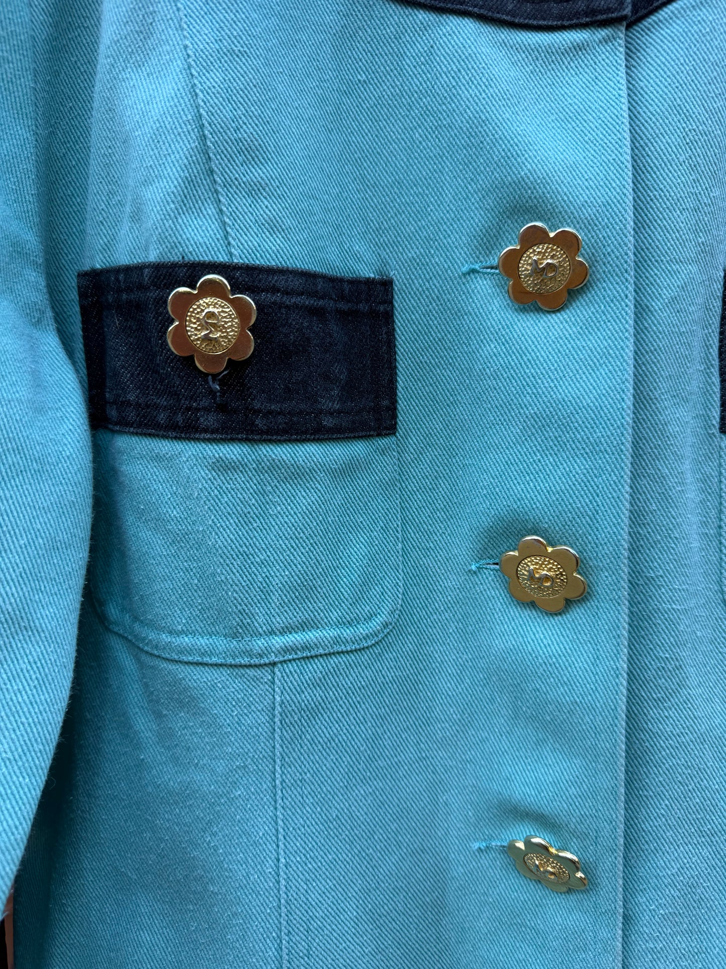 90s Maud Defossez turquoise denim jacket gold flower buttons