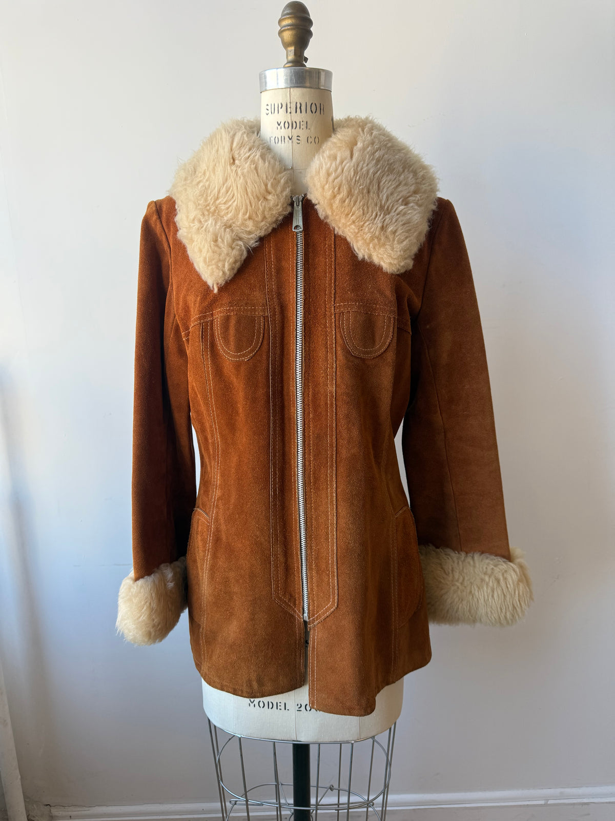 70s "Penny Lane" style Suede Sheepskin Trim Jacket w zipper