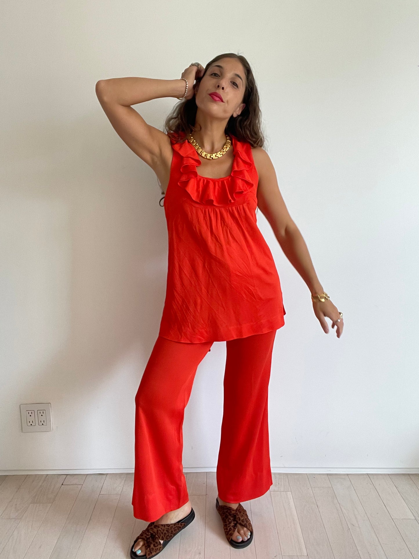 70s red orange 2 piece set, 26" waist