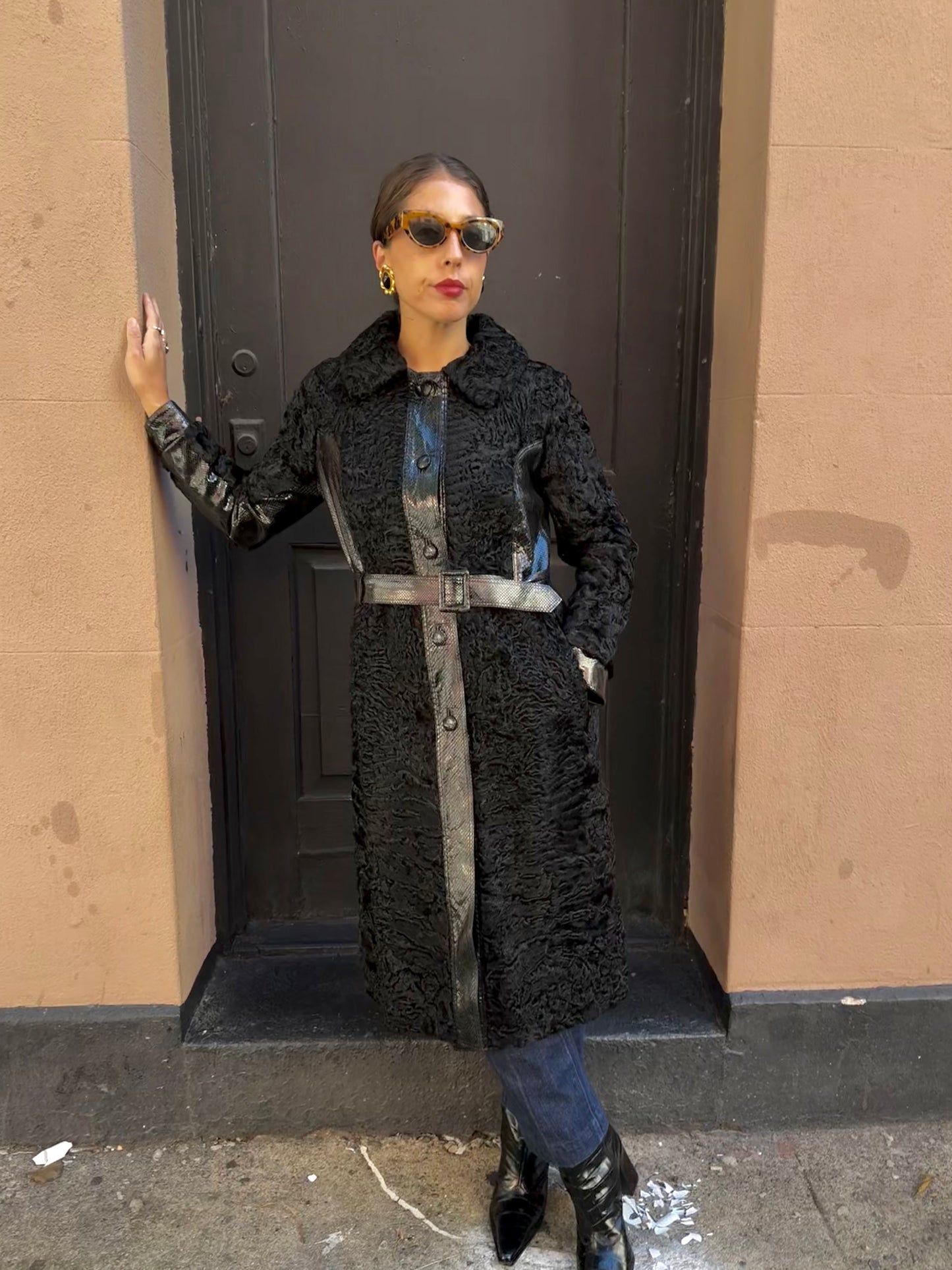 Vintage Parisian Lamb with Snakeskin Trim Black Coat