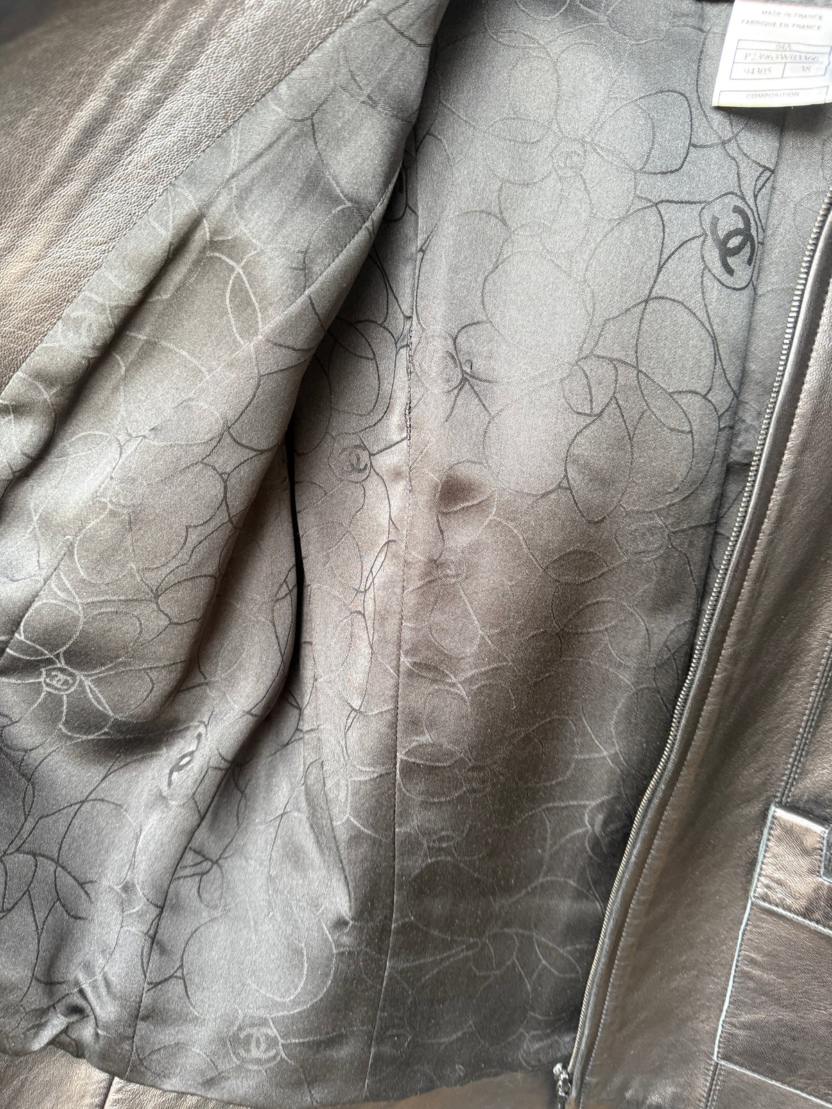 2004 Chanel Leather Jacket w Zipper & Silk Trim