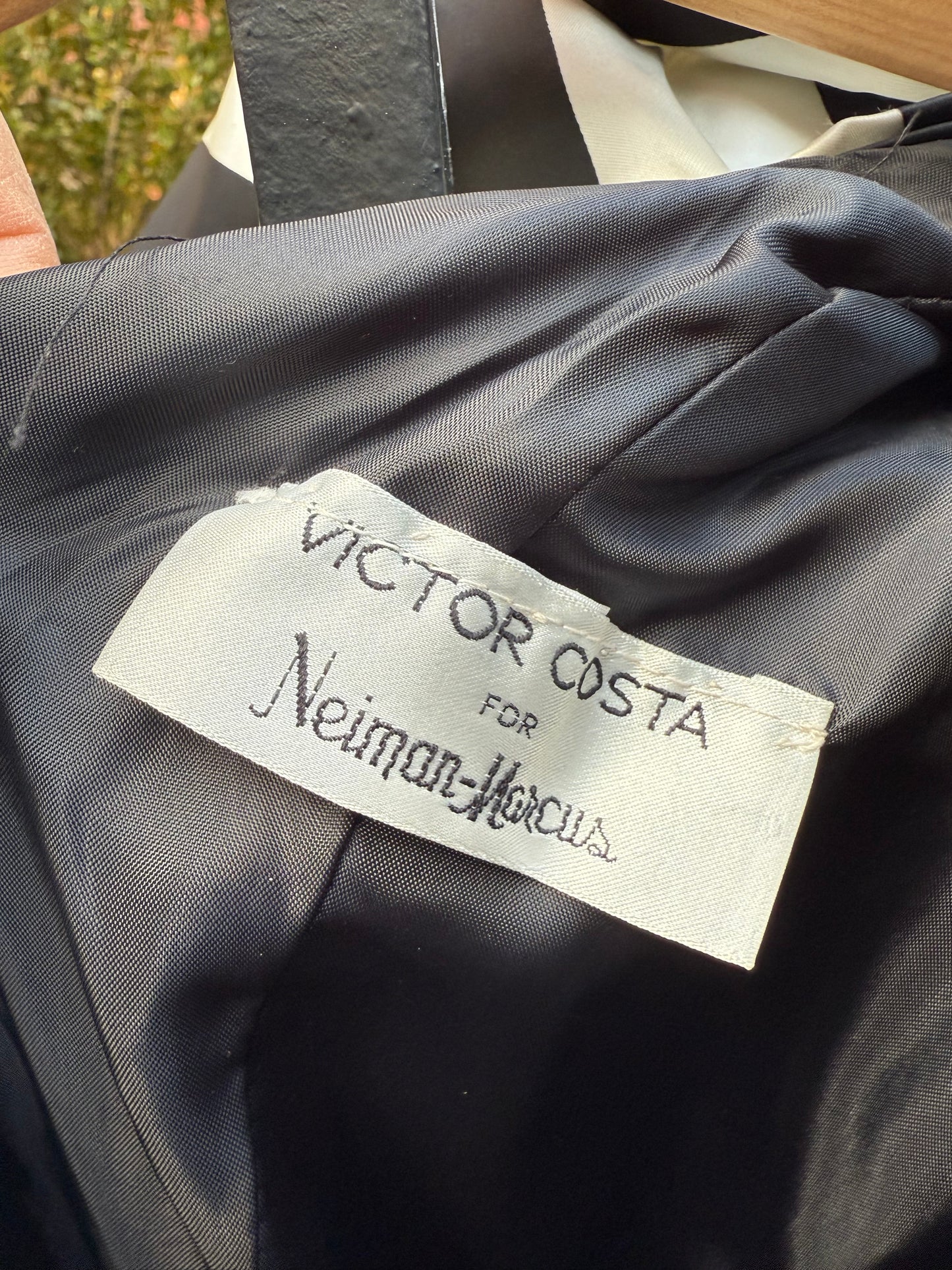 80s RARE Victor Costa black striped bow shoulder gown