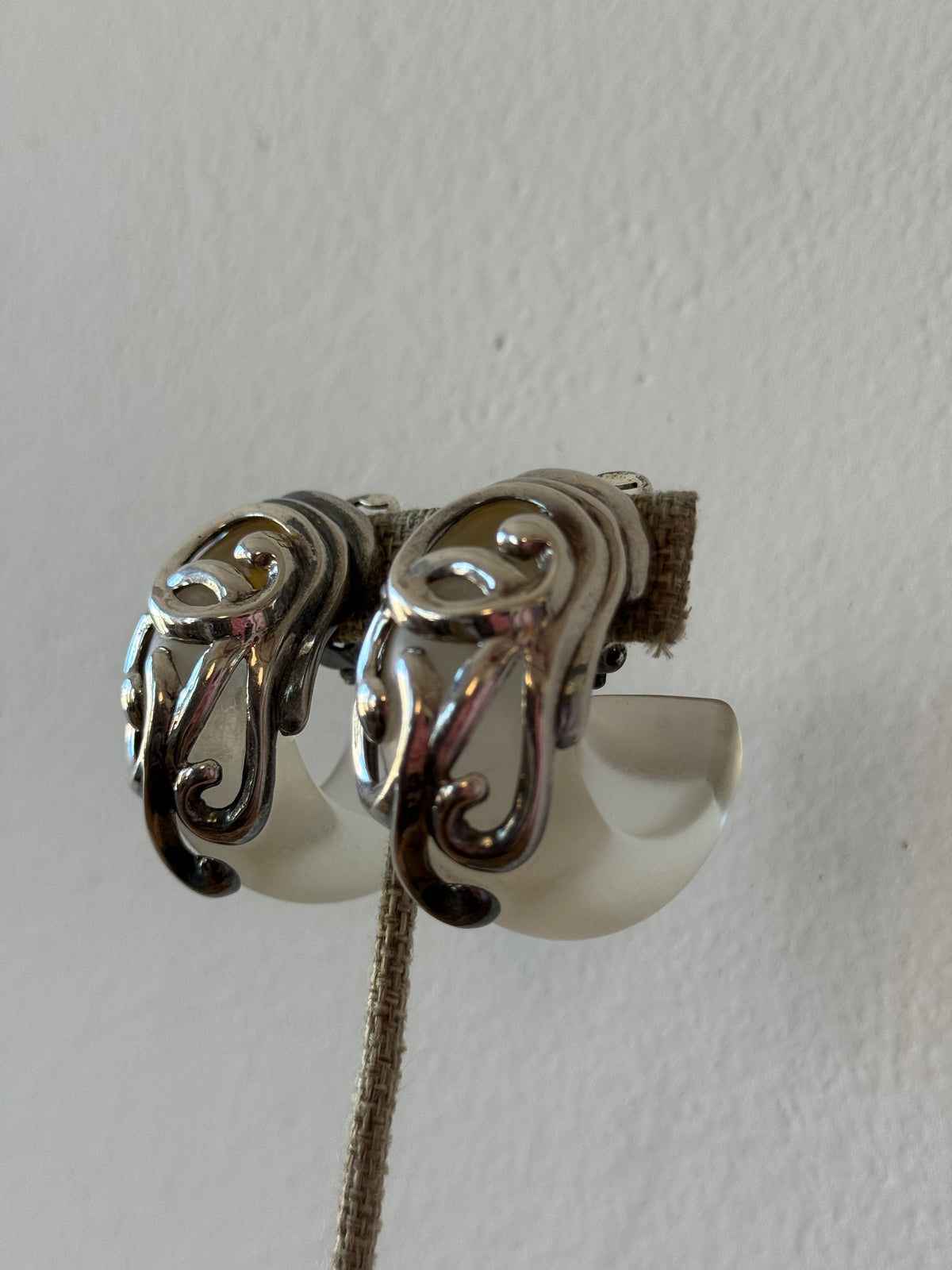 Vintage Sculptural Silver-Tone & Clear Acrylic Earrings