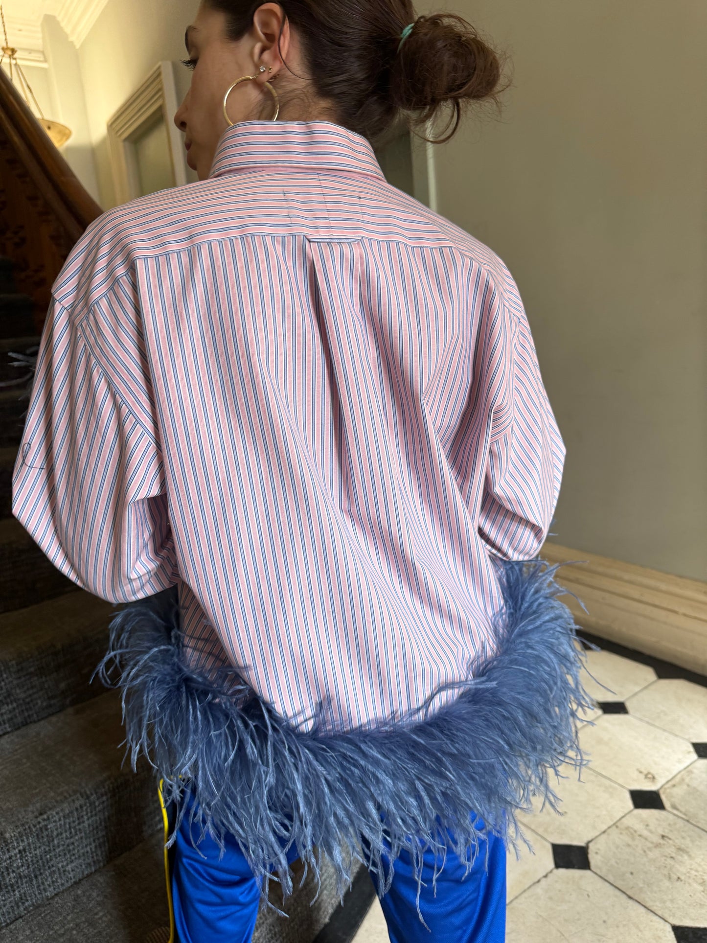 The Colette Feather Shirt - Pink & Blue Stripe and denim