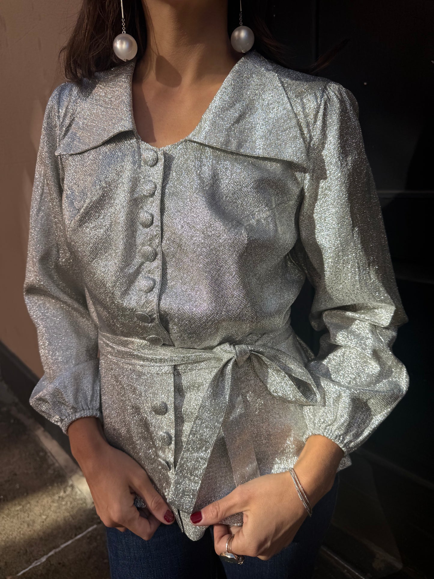 60s French Silver Lame Peplum Blouse