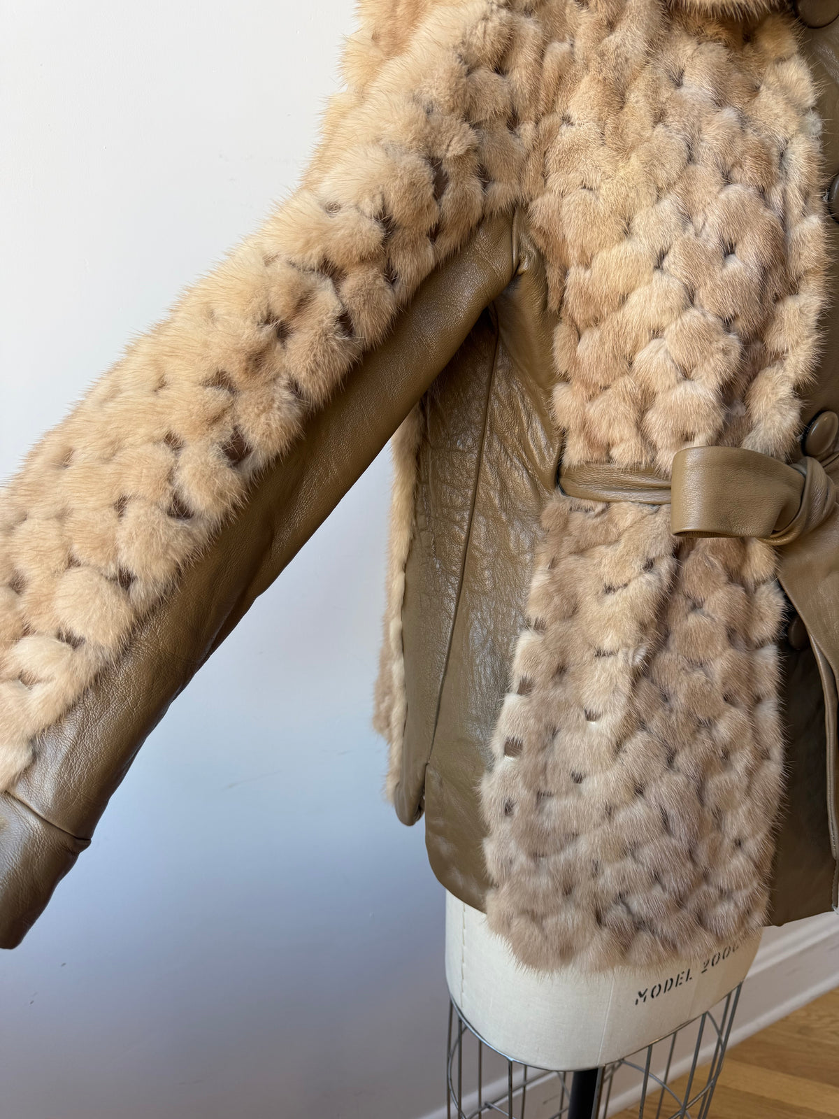 70s Beige Mink & Leather Coat . Belt