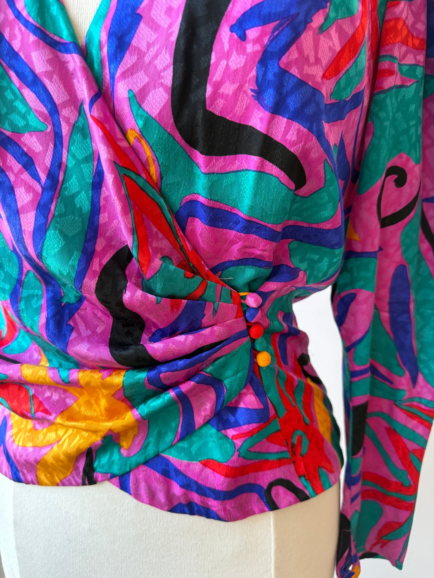 80s Flora Kung Multicolor Silk Blouse