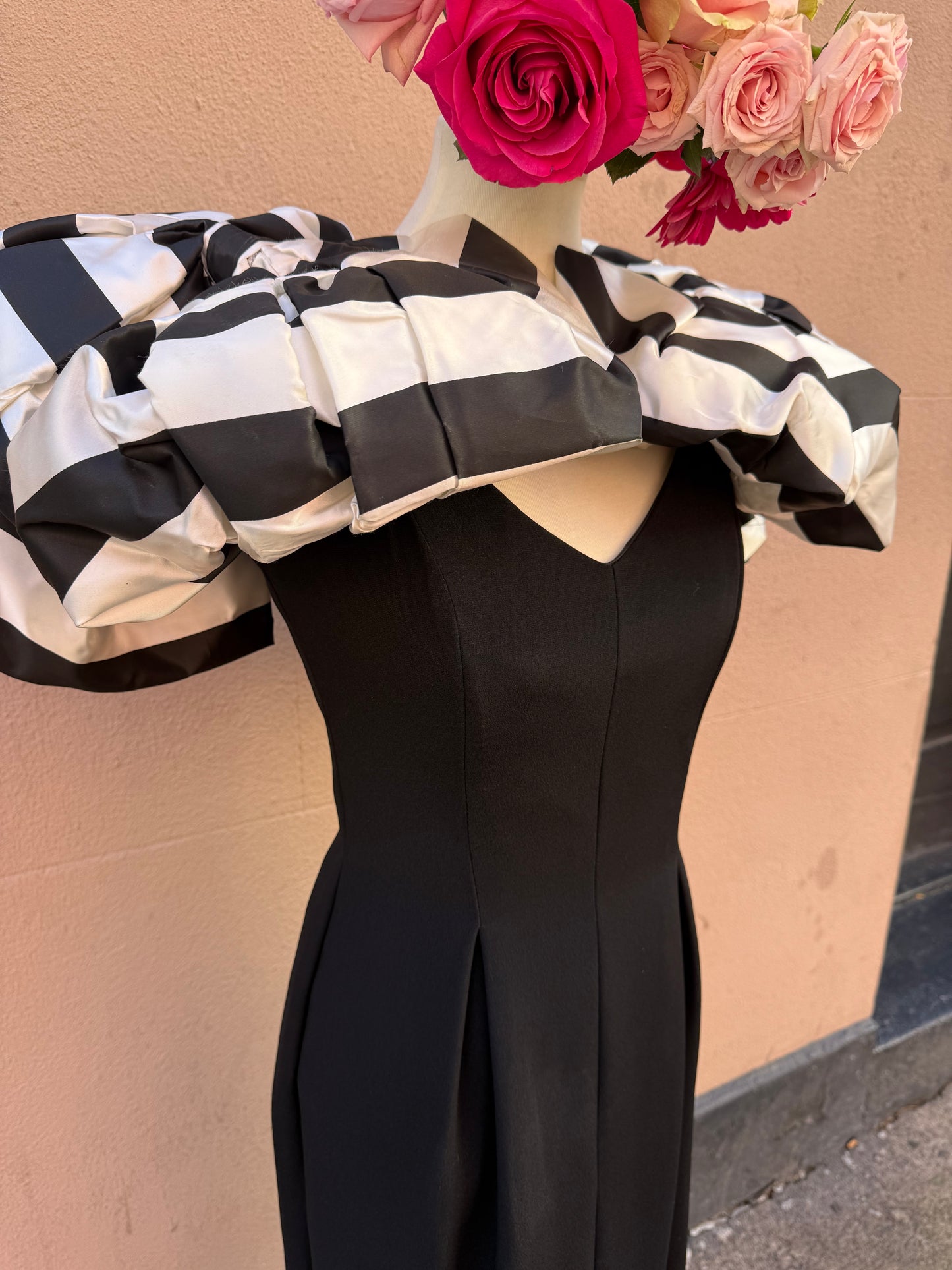 80s RARE Victor Costa black striped bow shoulder gown