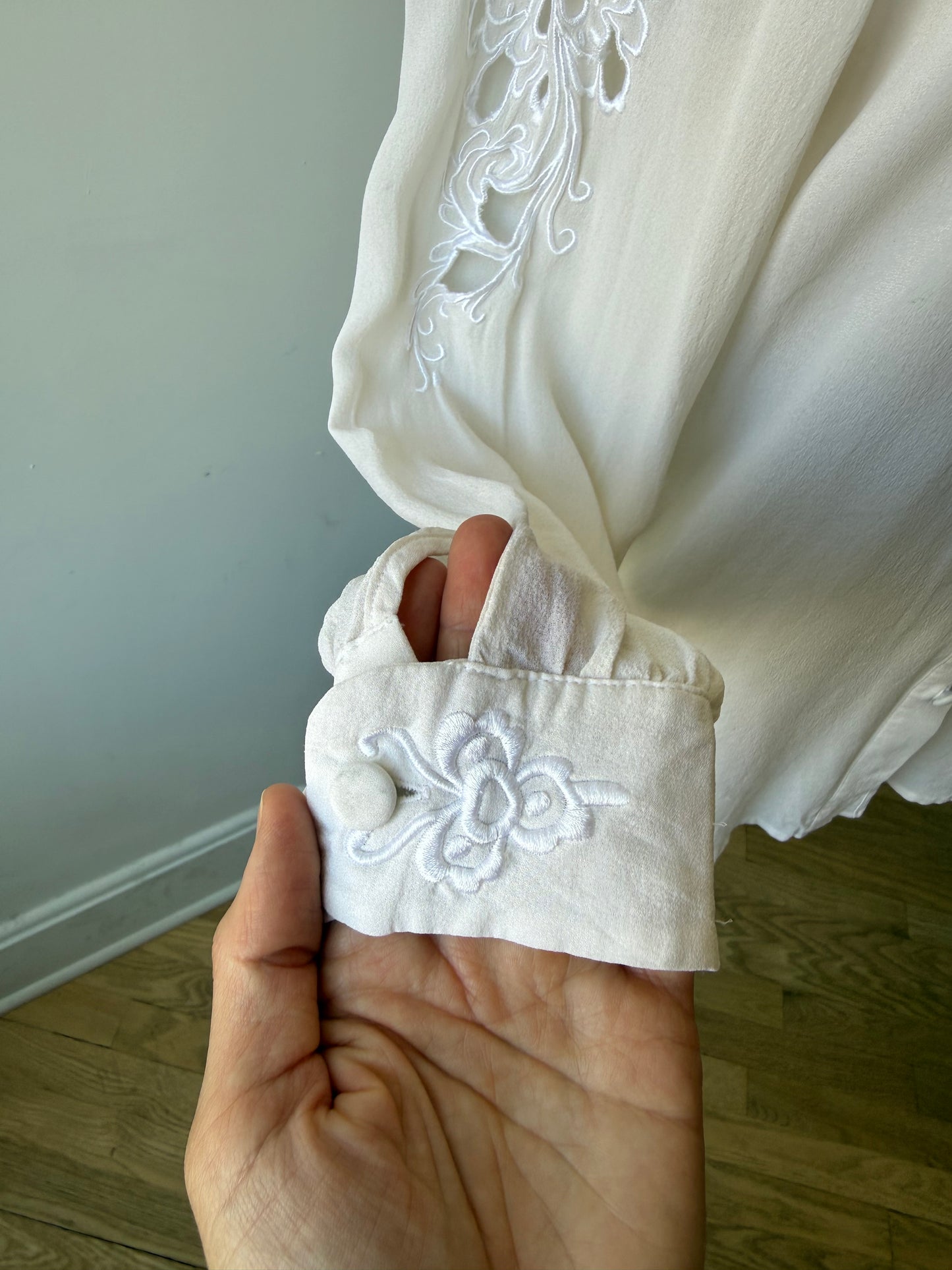 90s Bob Mackie White Silk Cutaway & Embroidered Blouse