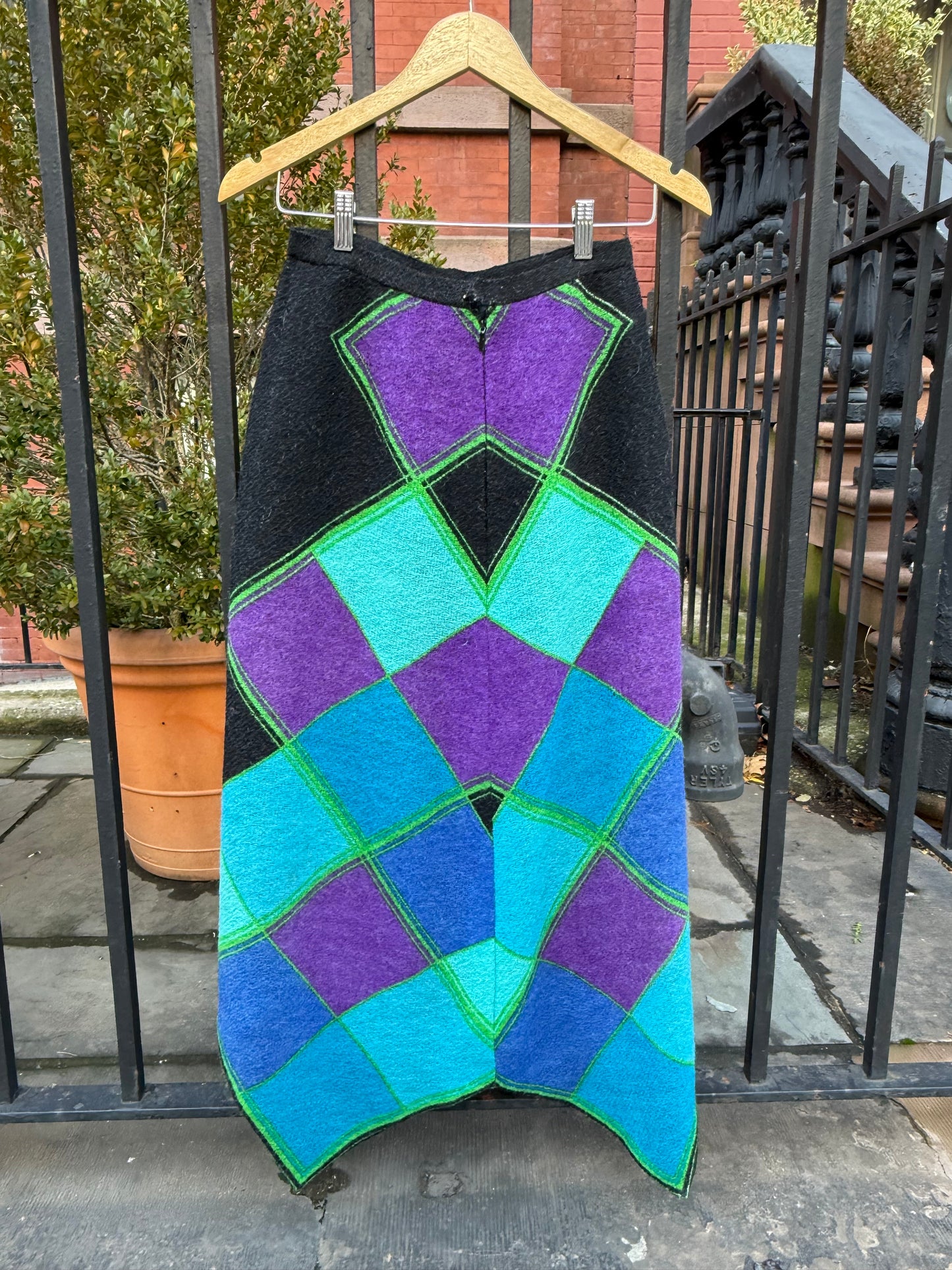 70s Wool Argyle Maxi Skirt with Asymmetrical Hem