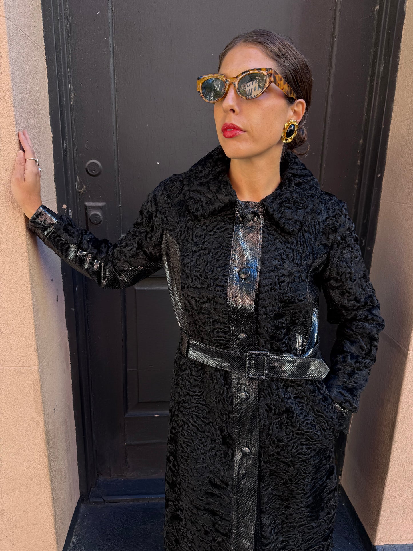 Vintage Parisian Lamb with Snakeskin Trim Black Coat