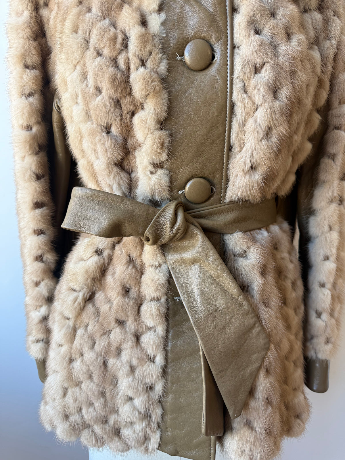 70s Beige Mink & Leather Coat . Belt