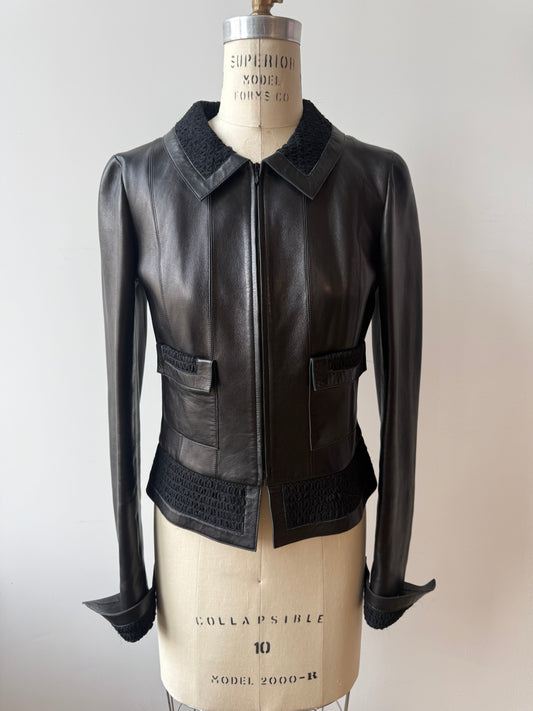 2004 Chanel Leather Jacket w Zipper & Silk Trim