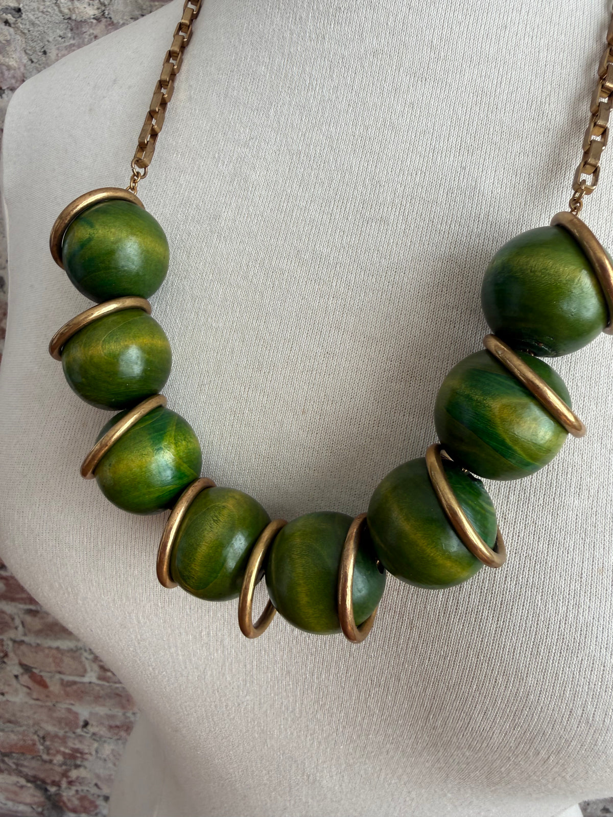 1950s brass & wooden bead necklace