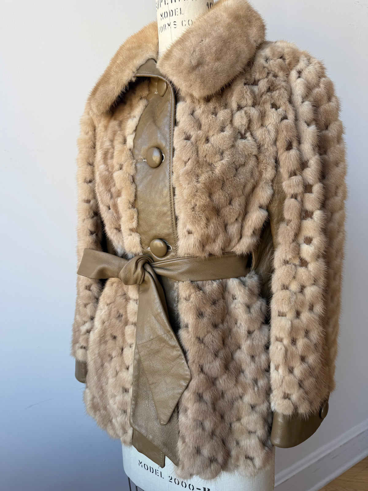 70s Beige Mink & Leather Coat . Belt