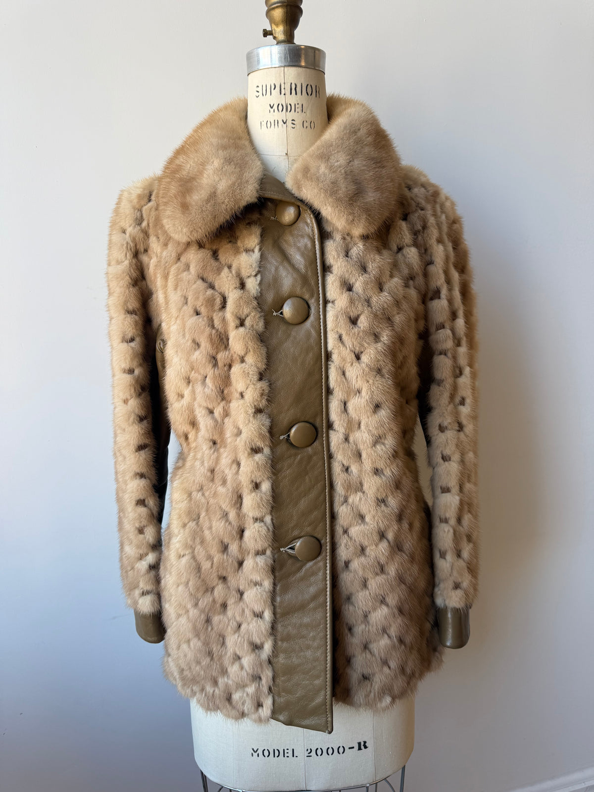 70s Beige Mink & Leather Coat . Belt