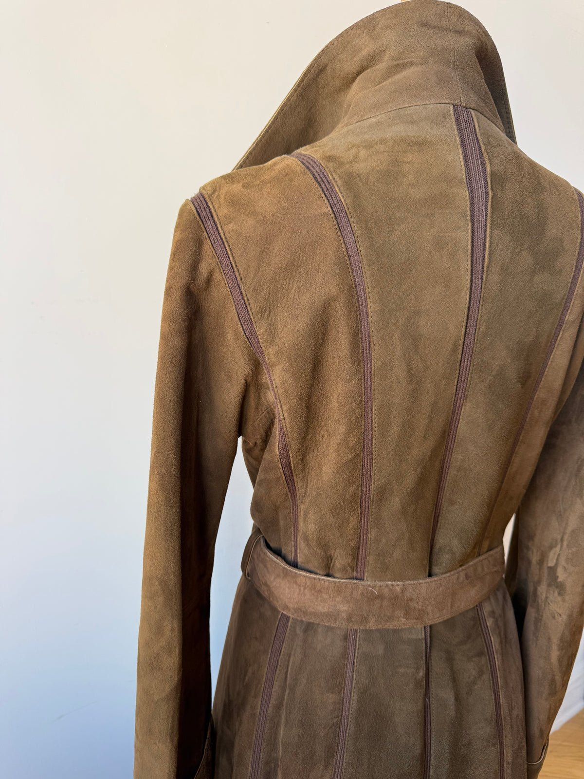 70s Brown Suede Trench w. knit details & belt
